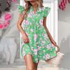 Women Summer Flounce Sleeves V-neck Loose Print Dress