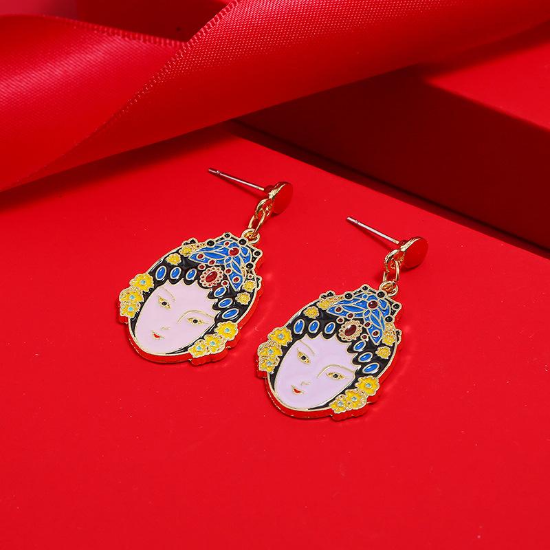 Chinese style knife and horse dan retro Peking Opera face mask earrings femininity long fringed stud earrings red trendy ear jewelry