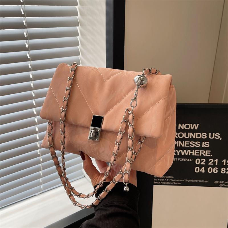 

2024 new Korean version of fashion and leisure diamond women s bag chain single high-end shoulder bag crossbody trendy bag рожевий