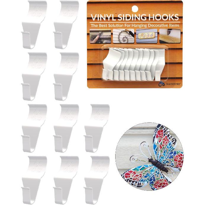NACETURE Vinyl Siding Hooks Hanger (10 Pack) | No Drill Vinyl Hooks for Hanging Outdoor Decor, Sliver