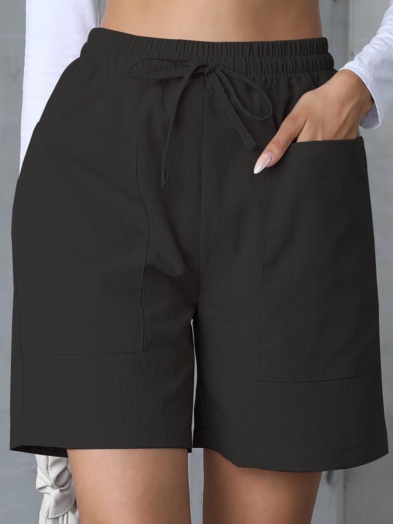 Summer new loose linen casual solid color high waist pocket drawstring large size shorts women