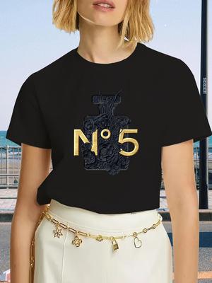 Marca de Luxo Moda Preto Perfume Surrey Estampado Gola Redonda Roupa Camiseta de Manga Curta Tendência Verão Feminino Y2K Top