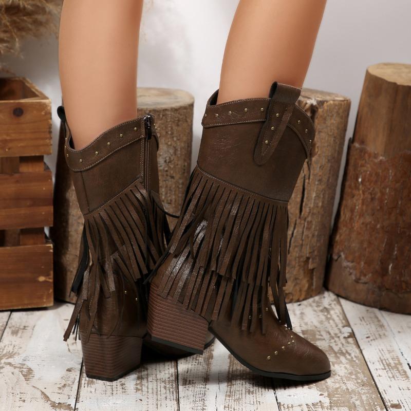 Vintage Tassel Boots 2025 Winter New Rivet Pointed Toe Plus Size Western Mid-leg Boots