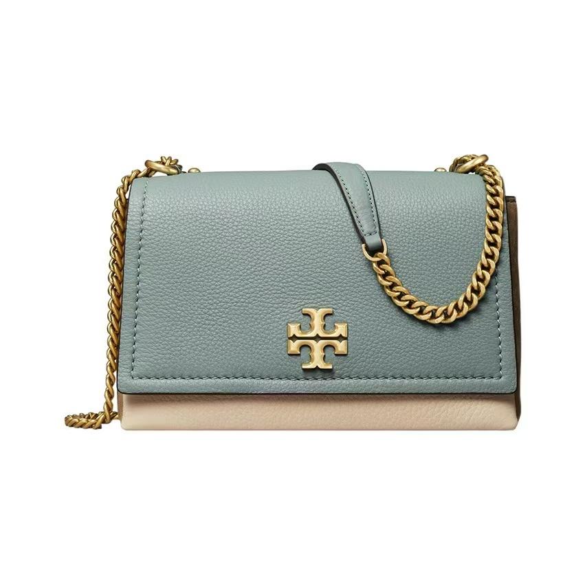 

Tory Burch Double T Logo Color Block Flap Chain Leather Crossbody Shoulder Bag Women Bags Ceramic-Blue 144506-960 Basic Set (Bag+Dust Bag)
