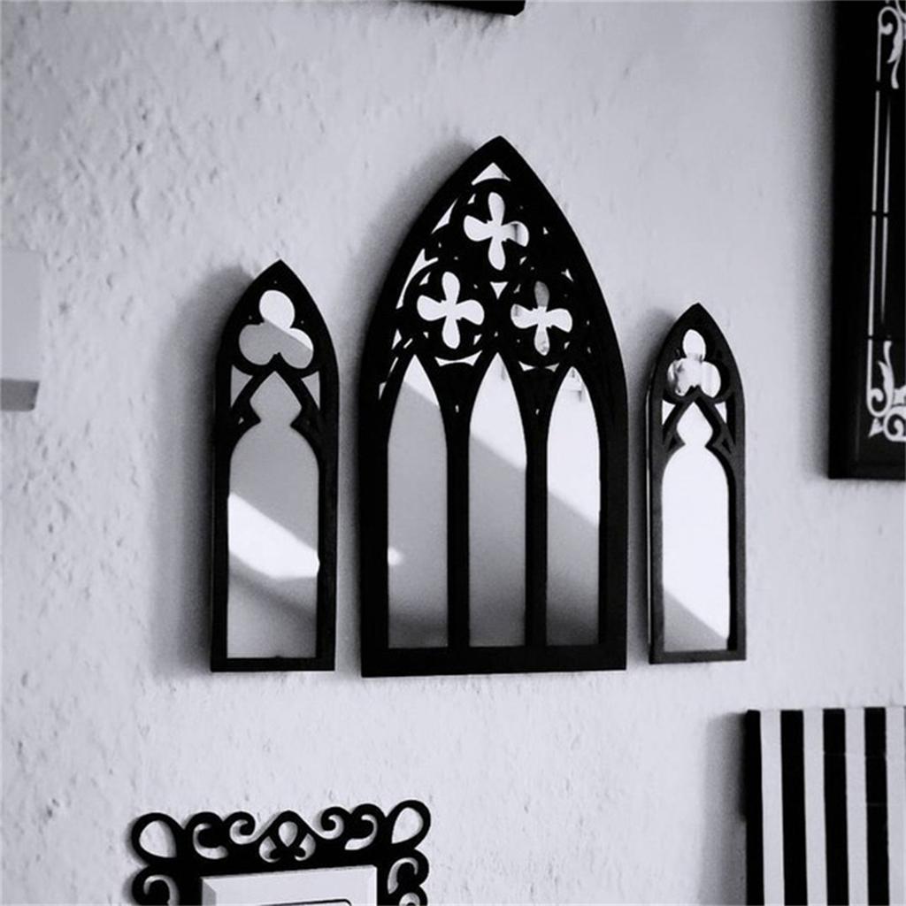 Vintage Styles Gothic Wood Framed Arched Cathedral Window Wall Mirror 3Pieces Set Wall Decors for Classical Interior