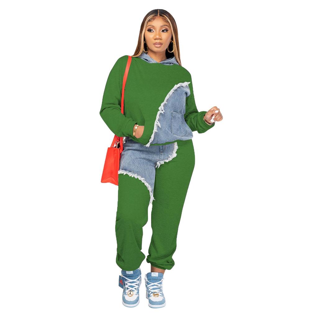 Damen Zweiteiler Trainingsanzug Herbst Jeans Spleißen Kapuzenoberteil Sweatshirts Tasche Jogger Hosenanzug Lose Weibliche Bürodame