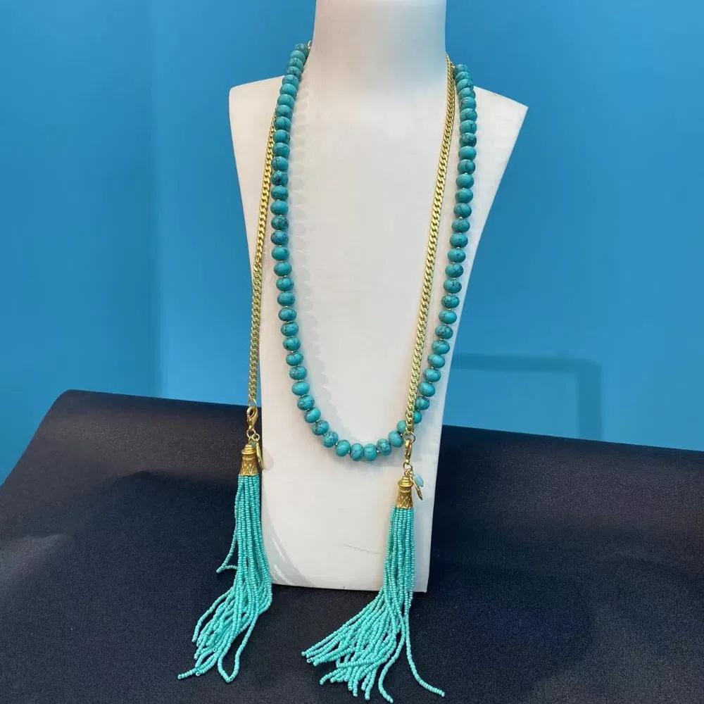 Rice Beads Bohemian Waist Chain Tassel Pendant Sweater Chain Long Turquoise Necklace  Friends Gift
