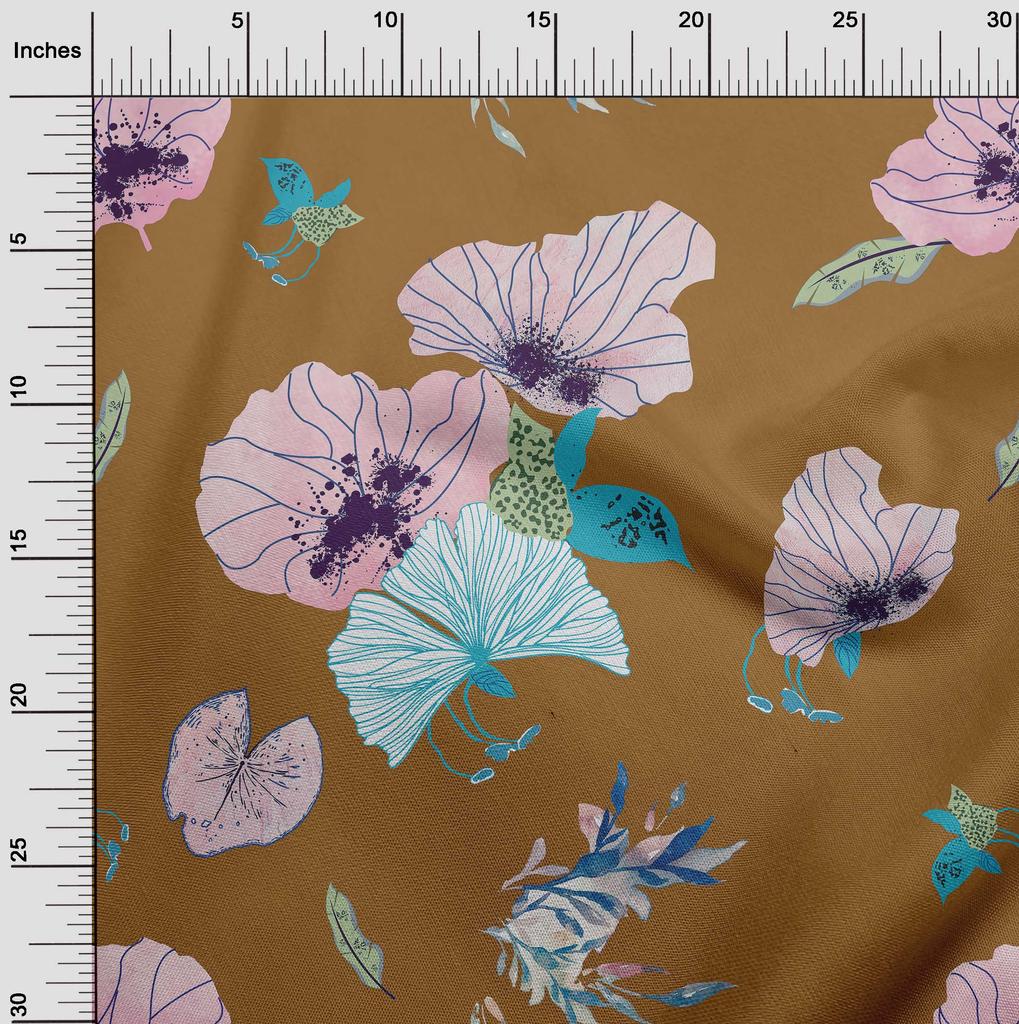 oneOone Cotton Flex Dark Mustard Fabric Leaves & Floral Dress Material Fabric Print Fabric By The Yard 40 Inch