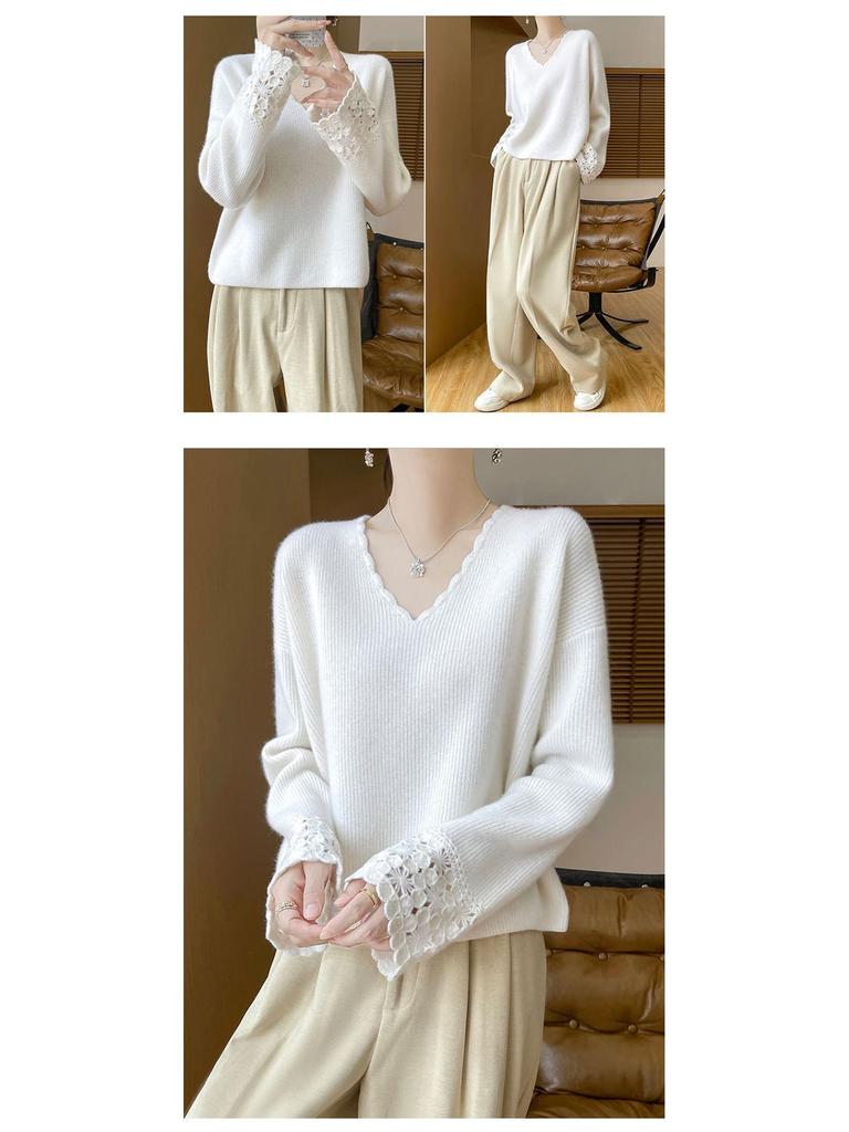 Women's 100% Pure Wool V-Neck Lace Long Sleeve Loose Sweater - Autumn/Winter 2025 Collection