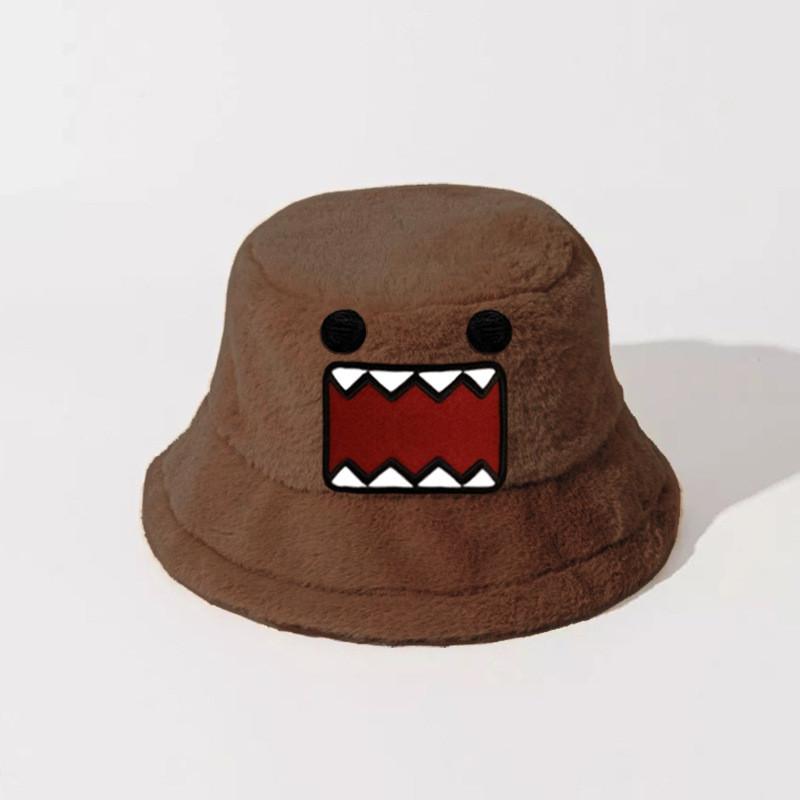Kun Plush Domo Bucket Hat Cartoon Anime Warm Fluffy Flat Roof Cap For Men Women