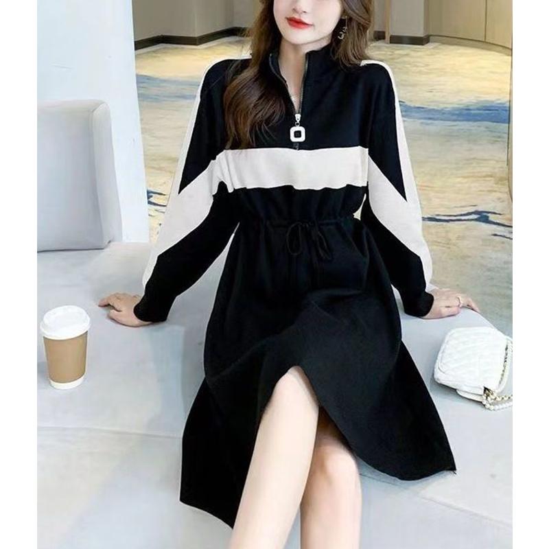 Autumn Lapel Loose Casual Patchwork Sweatshirt Dress Ladies Long Sleeve Lace Up Waist Zipper Robe Vestidos Women Dresses