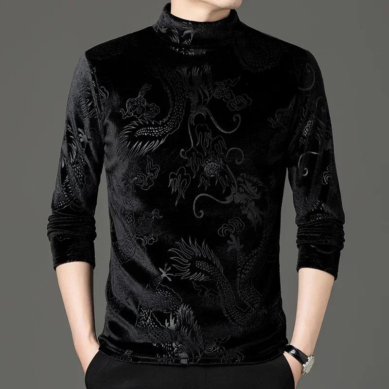 

Мужские высококачественные нижние рубашки с высоким воротом из золотистого бархата, популярная рубашка с рисунком дракона на осень-зиму из золотистого бархата, толстая базовая рубашка L чёрный