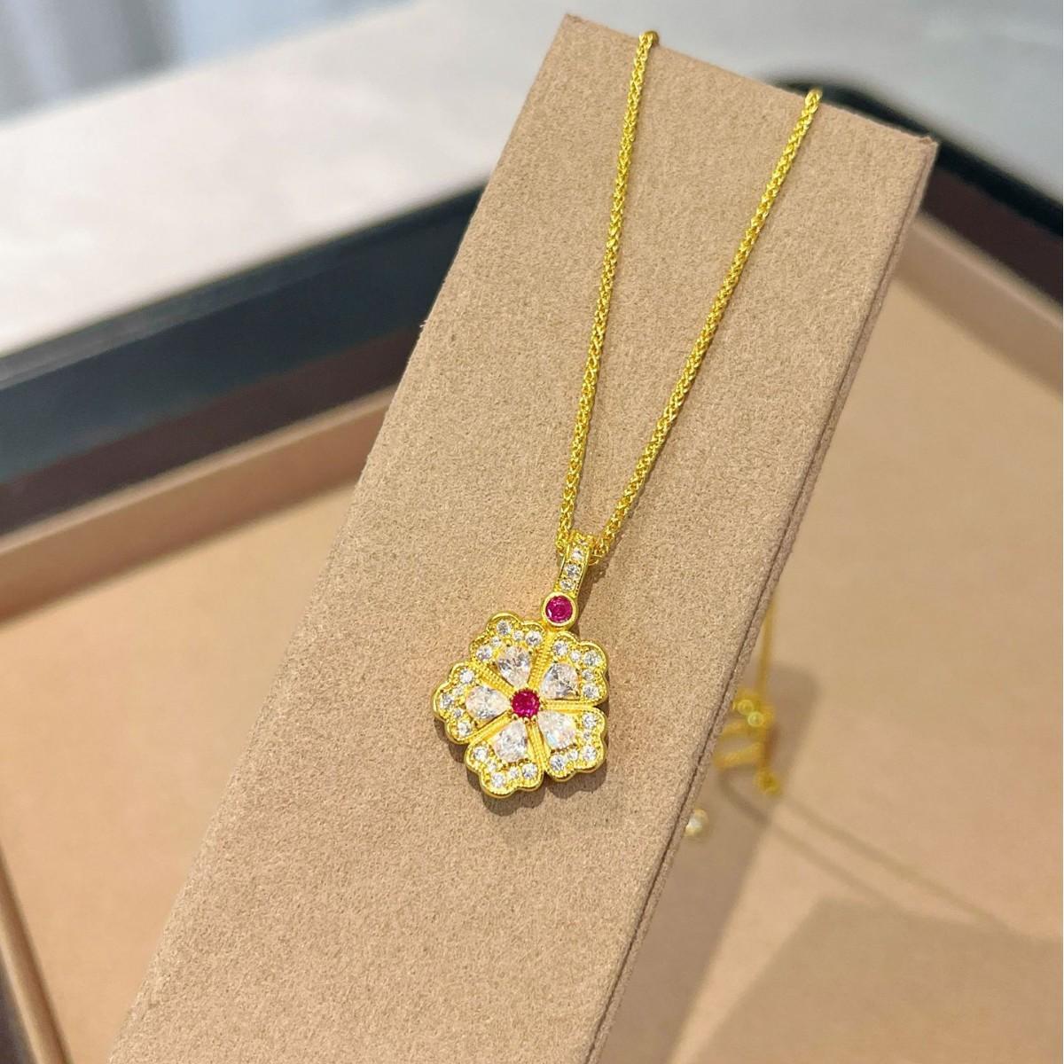 National Style Filigree Point Diamond Peony Necklace Retro Light Luxury Flower Diamond Collarbone Chain