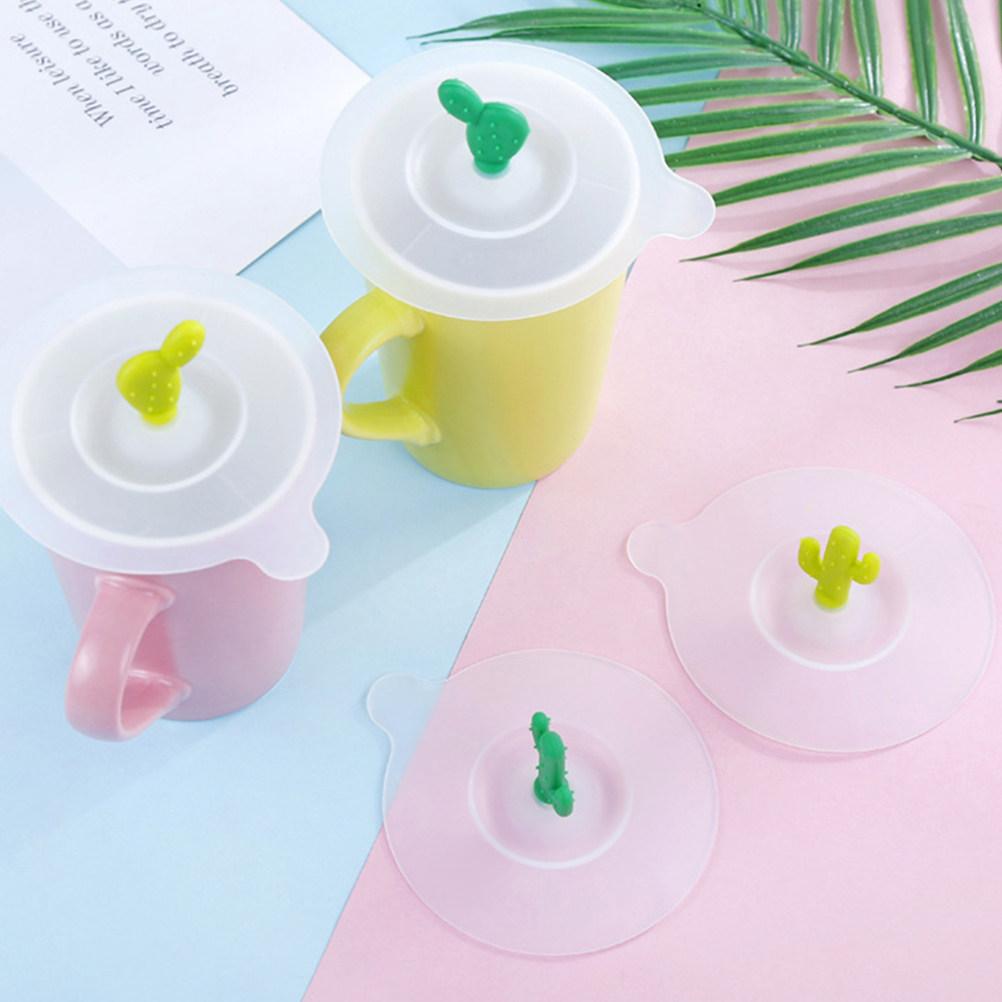 4Pcs Cartoon Cactus Silicone Cup Lids Leak-Proof Dustproof Round Airtight Suction Sealed Covers Grass Green Fluorescent Green