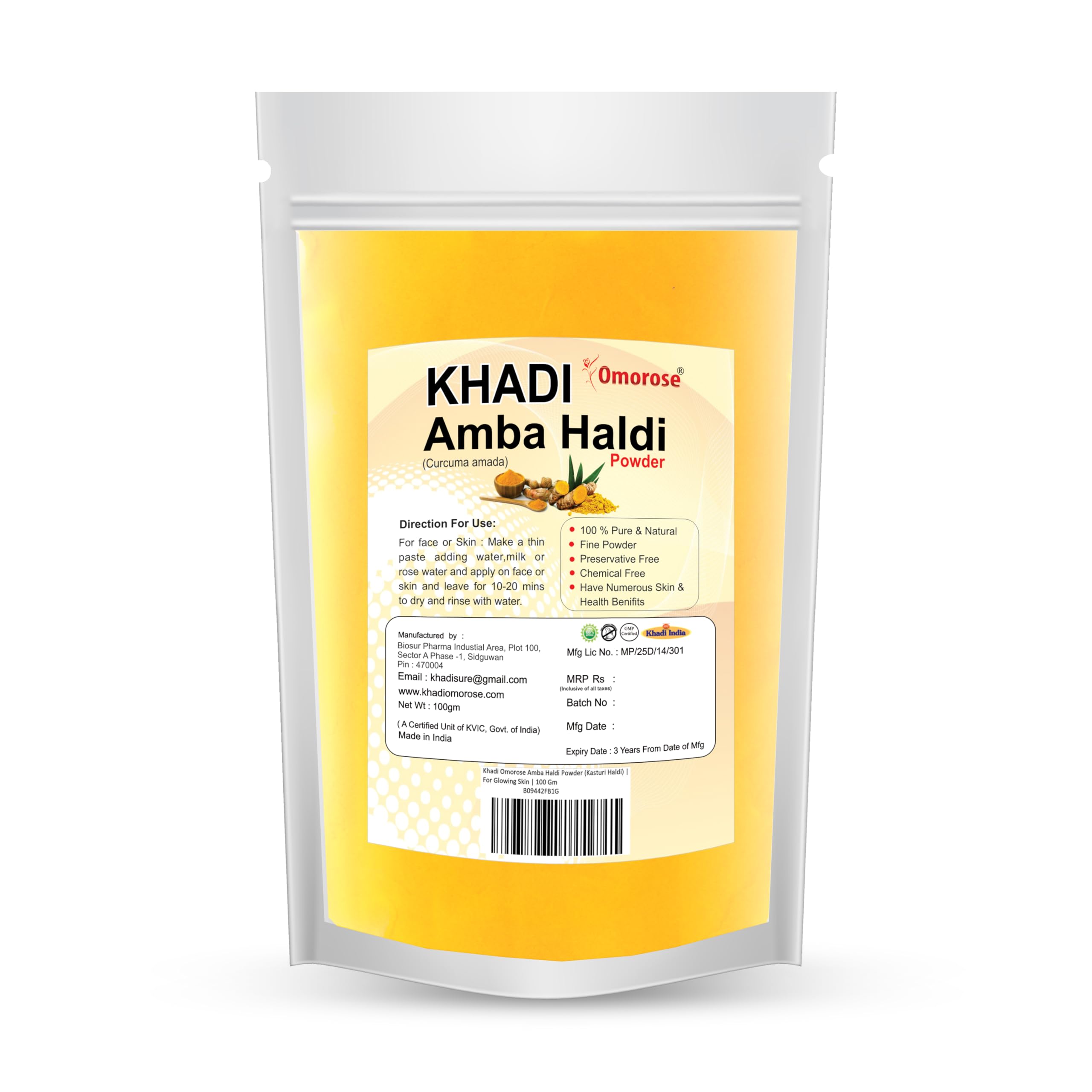 

Khadi Omorose Kasturi Haldi (Amba Haldi) Powder | For Glowing Skin | 100 Gm