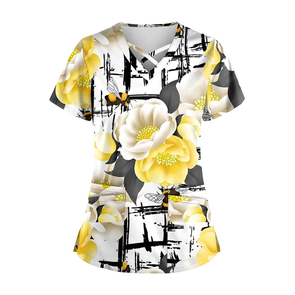 Plus SizePrinted Scrub Working Uniform Tops para mulheres Cross V-neck Halloween Print manga curta camisetas divertidas Workwear Tee com bolsos