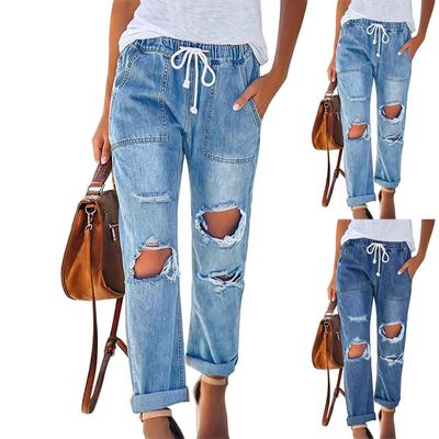 Klassische zerrissene Jeans mit elastischem Kordelzug für Damen, einfarbig, hohe Taille, verwaschen, lässige Jeans mit geradem Bein