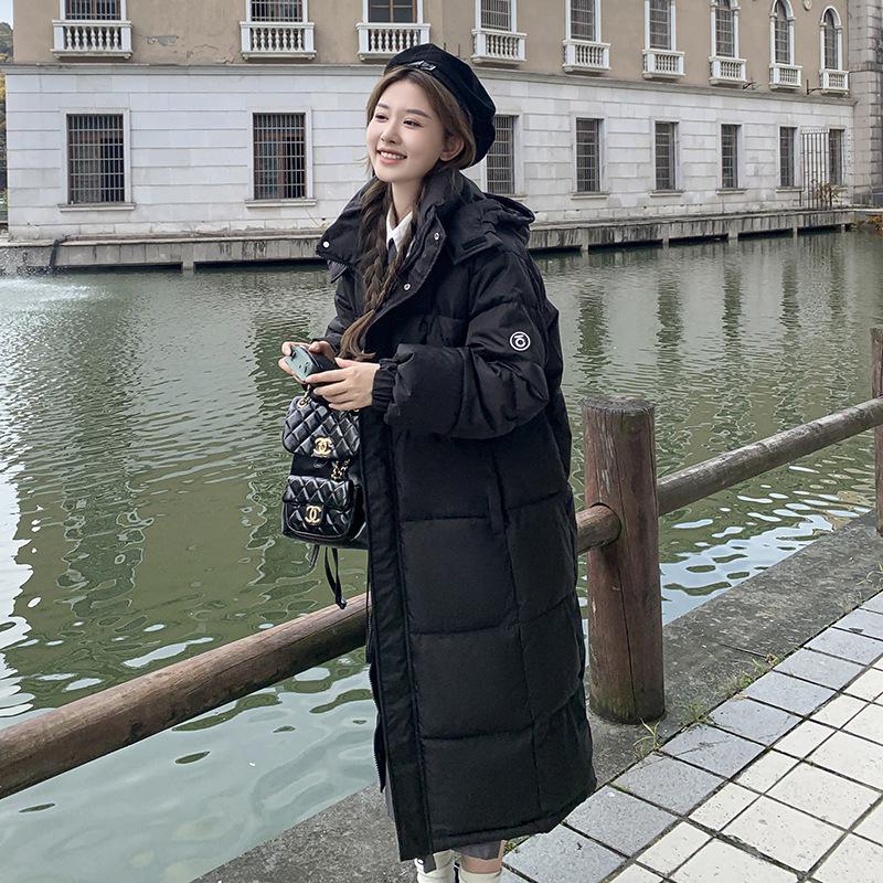 Winter 2025 new long cotton jacket over the knee Korean version of loose collegiate style down padded jacket thickened jacket