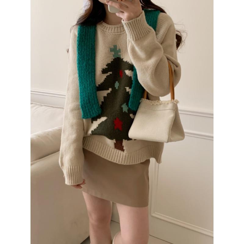 Crew Neck Red Christmas Tree Pullover Sweater Women's Autumn and Winter New Loose and Versatile Thickened Knitted Sweater Top