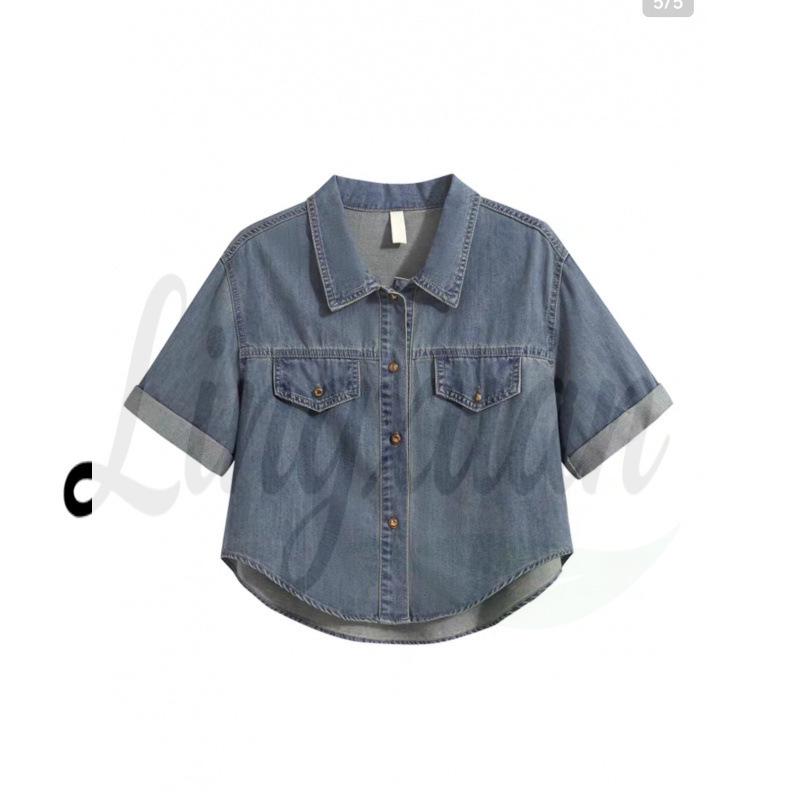 Summer 2026 Retro Hong Kong Style Petite Women s Short-Sleeve Denim Shirt Extra Large синий