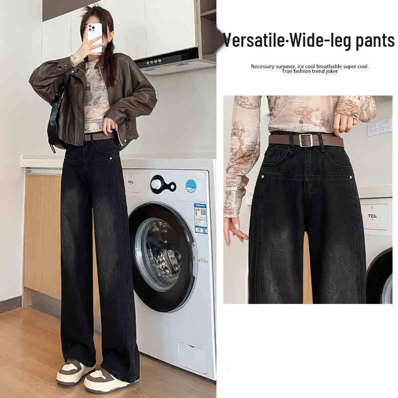 Cement Gray Women’s High-Waisted Slim-Fit Wide-Leg Jeans with Velvet for Autumn/Winter 2025 XL