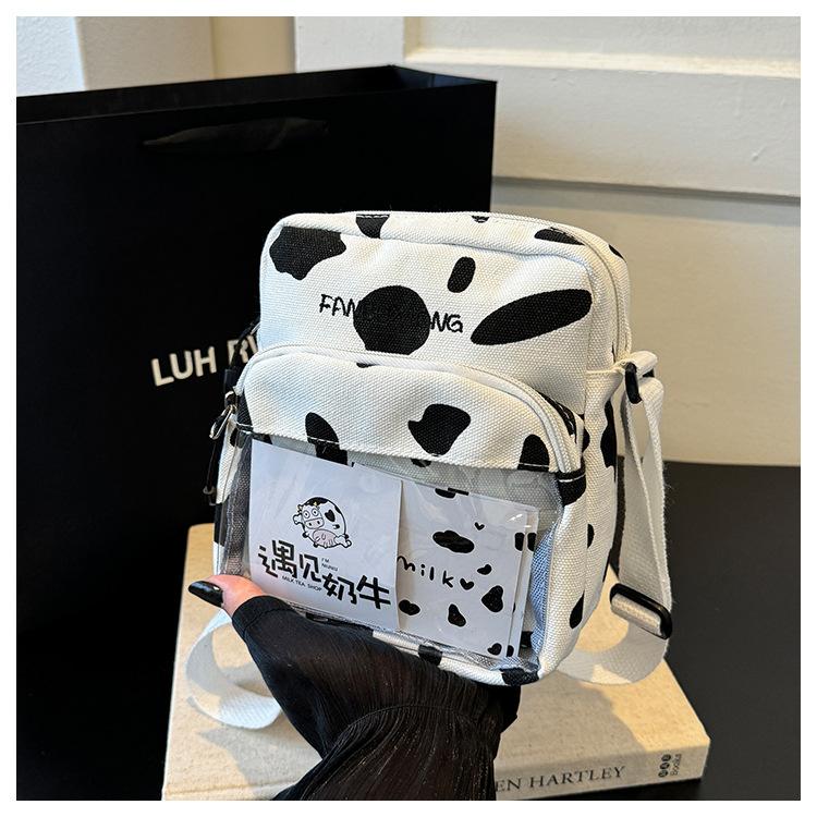 Stylish and Simple Canvas Bag 2025 New Street Trend Shoulder Bag Crossbody Bag Cow Pattern Small Square Bag
