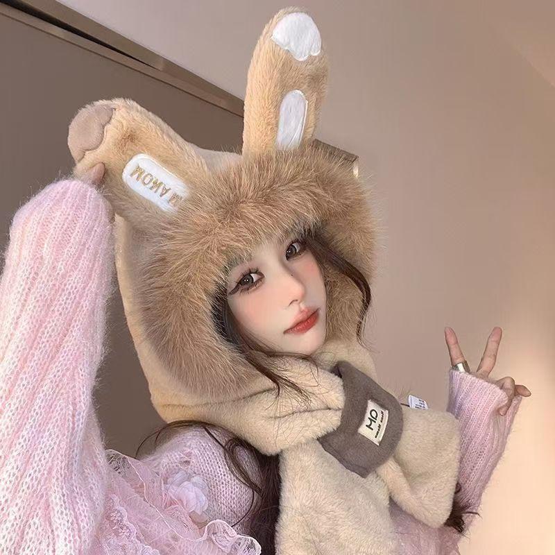 Winter Plush Hat Hooded Scarf Cute Little Fox Hat Scarf Integrated Women's Thickened Warm Versatile Trendy Hat