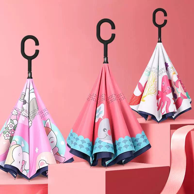 Umbrella, Reverse Umbrella, Double-Layer Hands-Free Long-Handled Children's Umbrella, Cute Cartoon Umbrella for Primary School Students, Rain or
