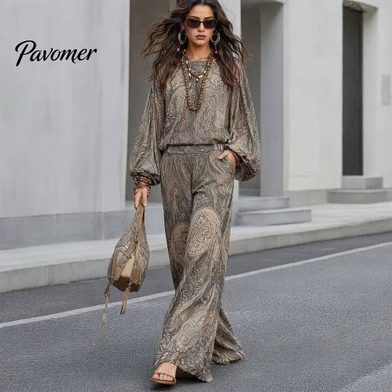 High Waisted Wide Leg Pants Boho Print 2 Piece Sets for Women, Casual Long Sleeve Top Comfortable Loose Fit Clothes Matching Sets, Summer Travel