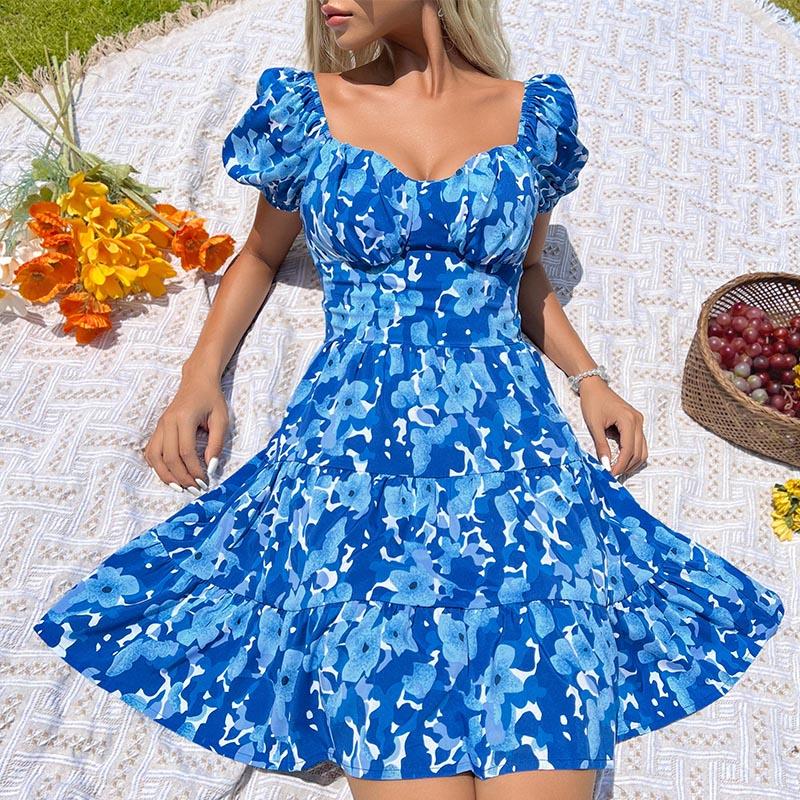 YYFS Dámská móda Léto Jaro Květinový potisk Neformální šaty s krátkým rukávem a výstřihem do U s vysokým pasem