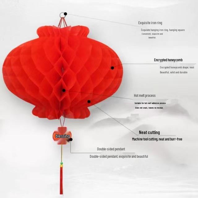 Big Red Festive Honeycomb Wedding Lanterns - Small Plastic Paper Hanging Decorations for Chinese Weddings and Courtyard Decor.