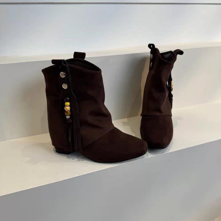 Western pointed fashion boots retro versatile inner height increase tassel pile new autumn and winter cowboy boots