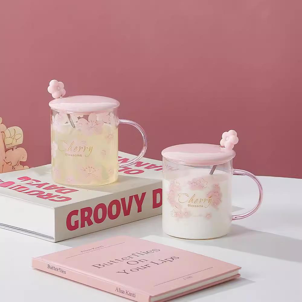 Summer Japanese Cherry Blossom Glass Cups for Girls High Appearance Level Household Water Cups High Temperature Resistant Large Capacity Milk Cups