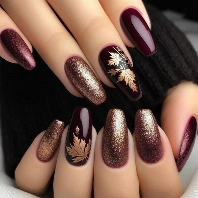 Pack Of 24 Amber Gold Maple Leaf Press On Nail For Autumn Winter ABS Stick on Nail Easy Application