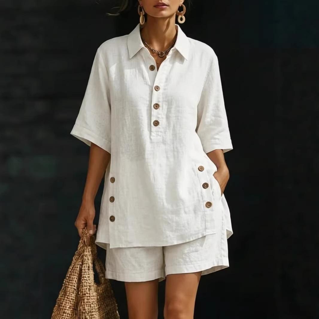 

Women s Linen Blend 2-Piece Outfit Half Button Tunic Top & Shorts Set XXXXXL белый