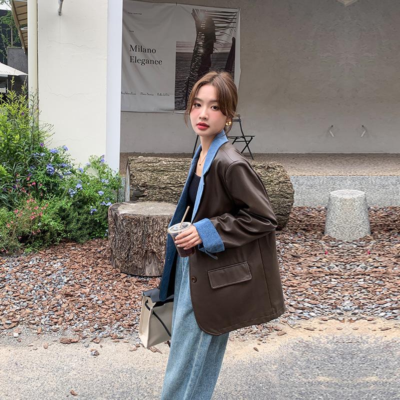 Women Blazer Women's Design Niche Autumn New Denim and Leather Style Small Suit