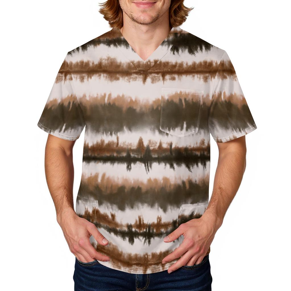 Unisex V Neck Short Sleeve Printed Scrub Top with Pocket and Tie Dye Pattern for Uniform