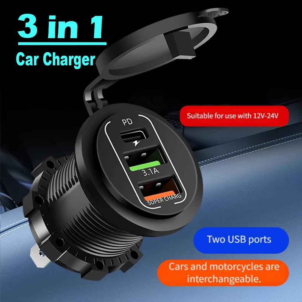Universal 12-24V Motorcycle Car Charger Dual USB TYPE-C Charger Waterproof Power Socket Cigarette Light for Auto Truck ATV Boat