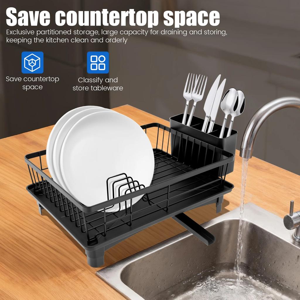 Dish Drying Rack Iron Flatware Dish Drainer with Utensil Holder Large Capacity Non-slip Counter Dish Rack Kitchen Storage Rack