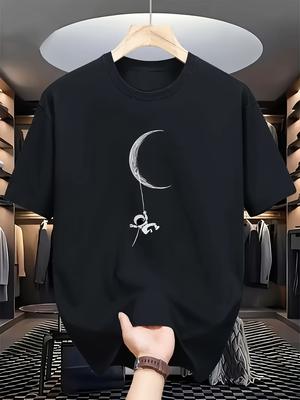 Men's Summer 100% Cotton Fashionable Casual Loose Moon Astronaut Pattern Printed Sports Round Neck Short Sleeve T-shirt Top