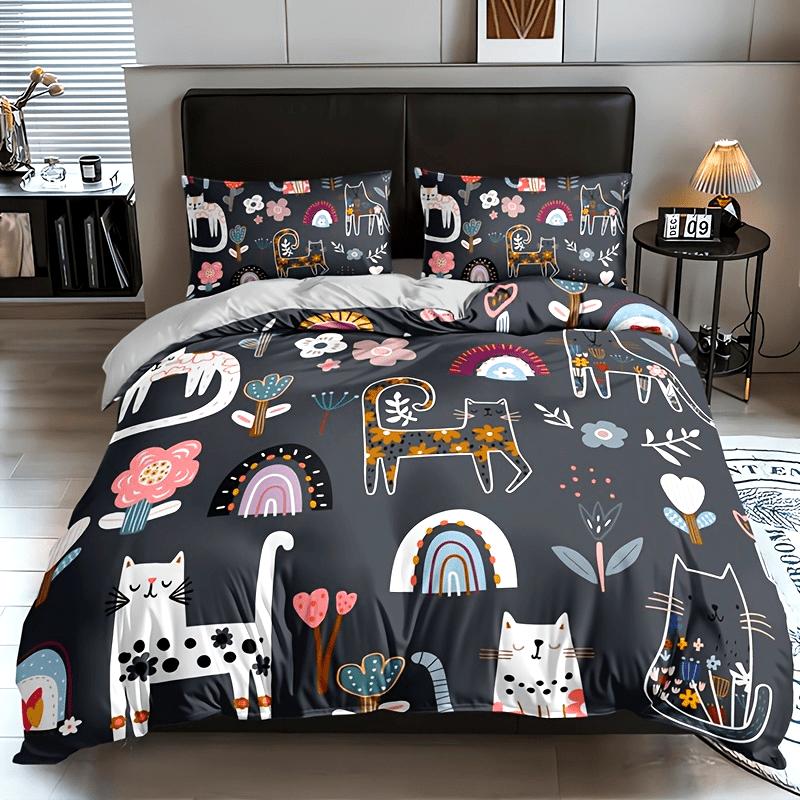 High-Definition Printed Casual Cat Flower Quilt Cover Set Soft Breathable Ideal For Home Dormitory 1 Quilt Cover+2 Pillowcases