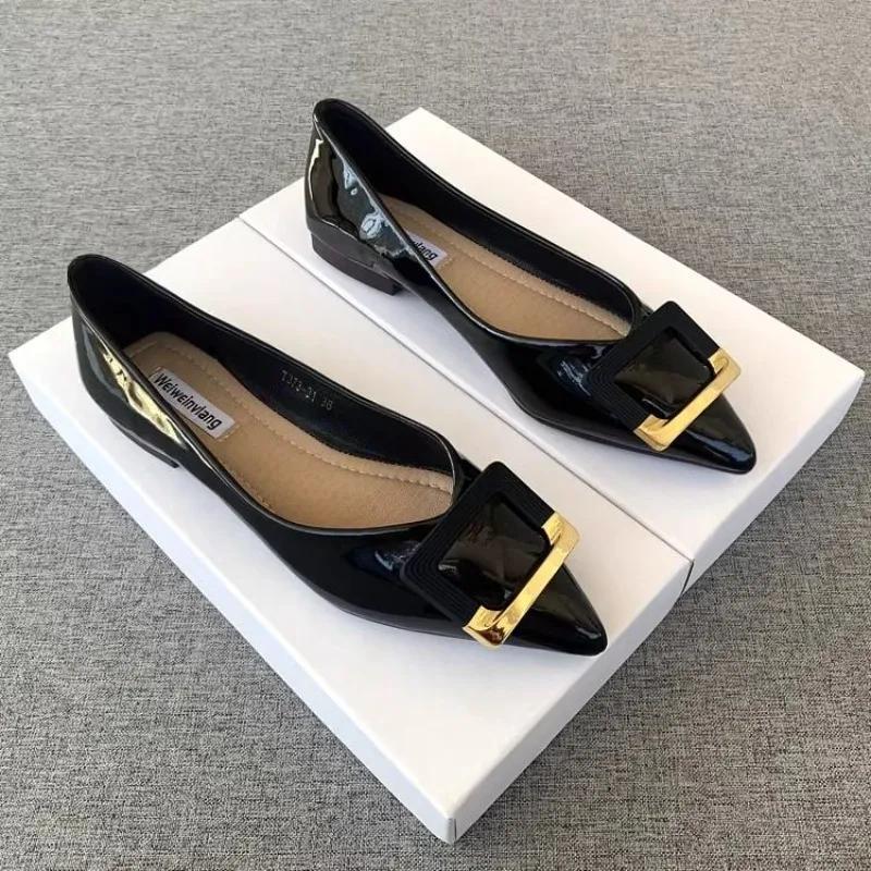 Pantofi Negri Pantofi Plați cu Vârf Pantofi Joker din Piele Lăcuită Confortabili cu Talpă Moale Pantofi Lok Fu Mărimi Mari Pantofi pentru Femei