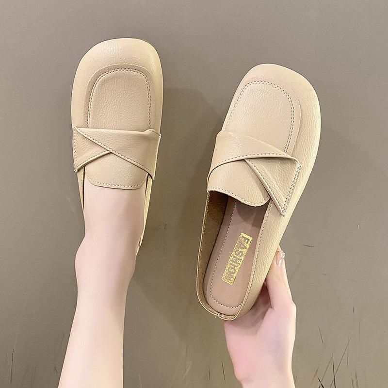 Fashion Classic Woman Square Closed Toe Slippers Summer Mules Flat Shoes Fashion Pu Leather Casual Sandals Women Wedding Shoes De Mujer