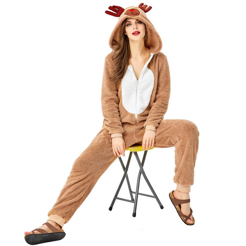 Adult Women Animals Elk Christmas Reindeer Velvet Hooded Jumpsuit New Year Halloween Role Play Dress Up Cosplay Costume