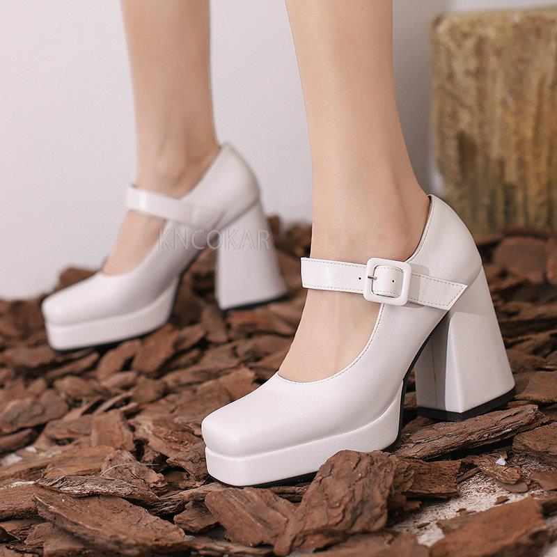 Women's Shoes Square Toe Retro Thick Heel Ultra High Heel Button Strap Women's Single Shoes Waterproof Platform Thick Sole