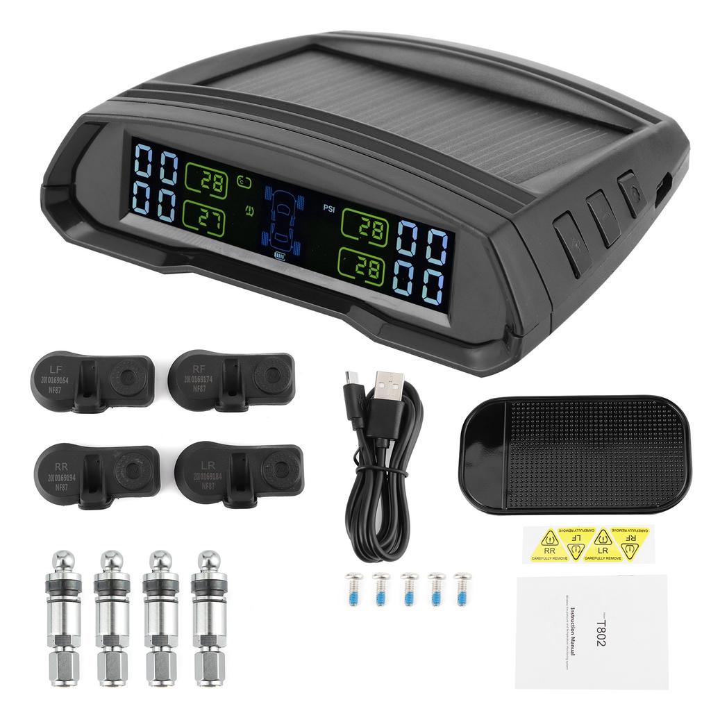 Wireless Tire Pressure Alarm Monitor Solar USB Power TPMS Digital LCD Display Sensor