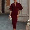 Women's V-Neck Bell Sleeve Bodycon Midi Dress for Party Formal Occasions