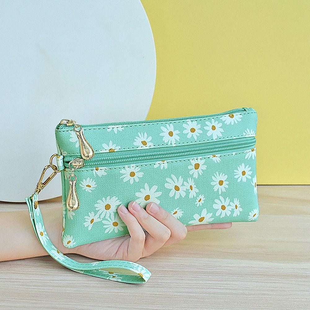

PU Leather Money Coin Purse Wear-resistant with wrist strap Credit Card Holoder Daisy Printed Zipper Phone Bag for Women Maiden