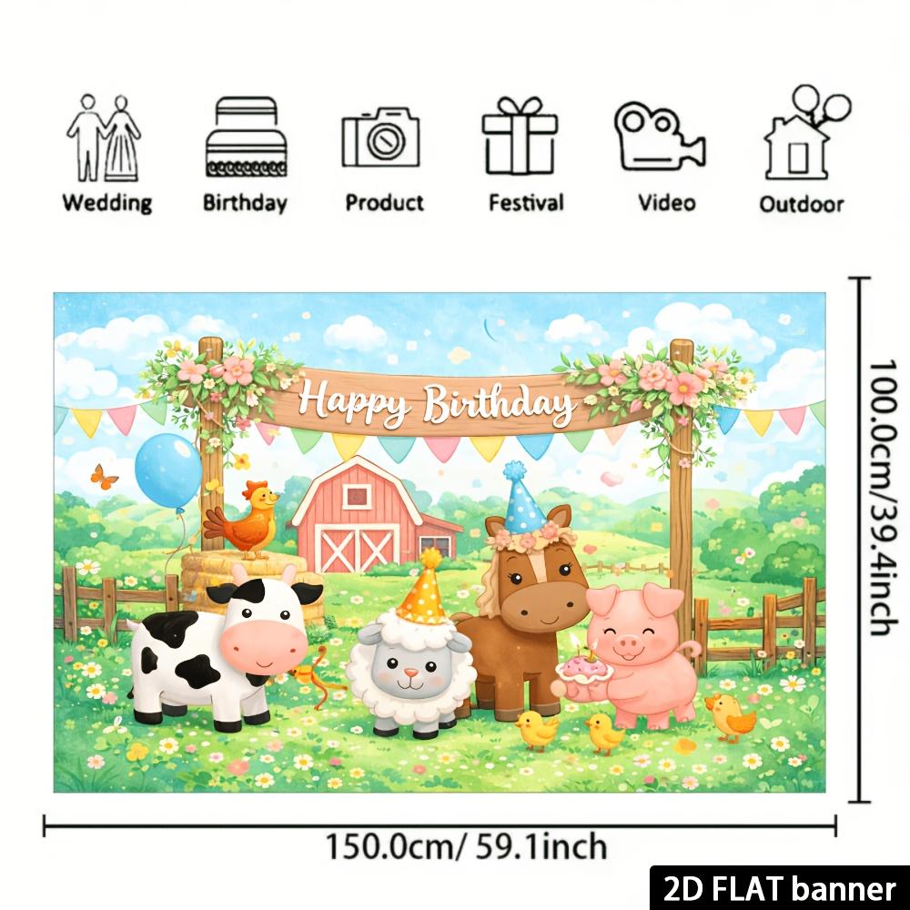 2D Flat Farm Themed Birthday Party Banner Background Cute Cartoon Farm Animal Theme Wall Decoration