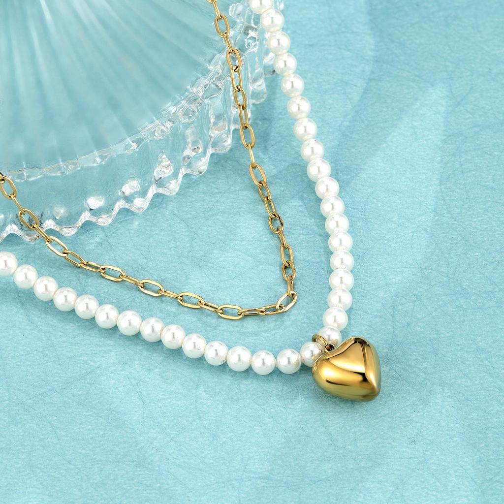 Double Layer Heart Pendant Freshwater Pearl Necklace Women's 18K Titanium Steel Jewelry